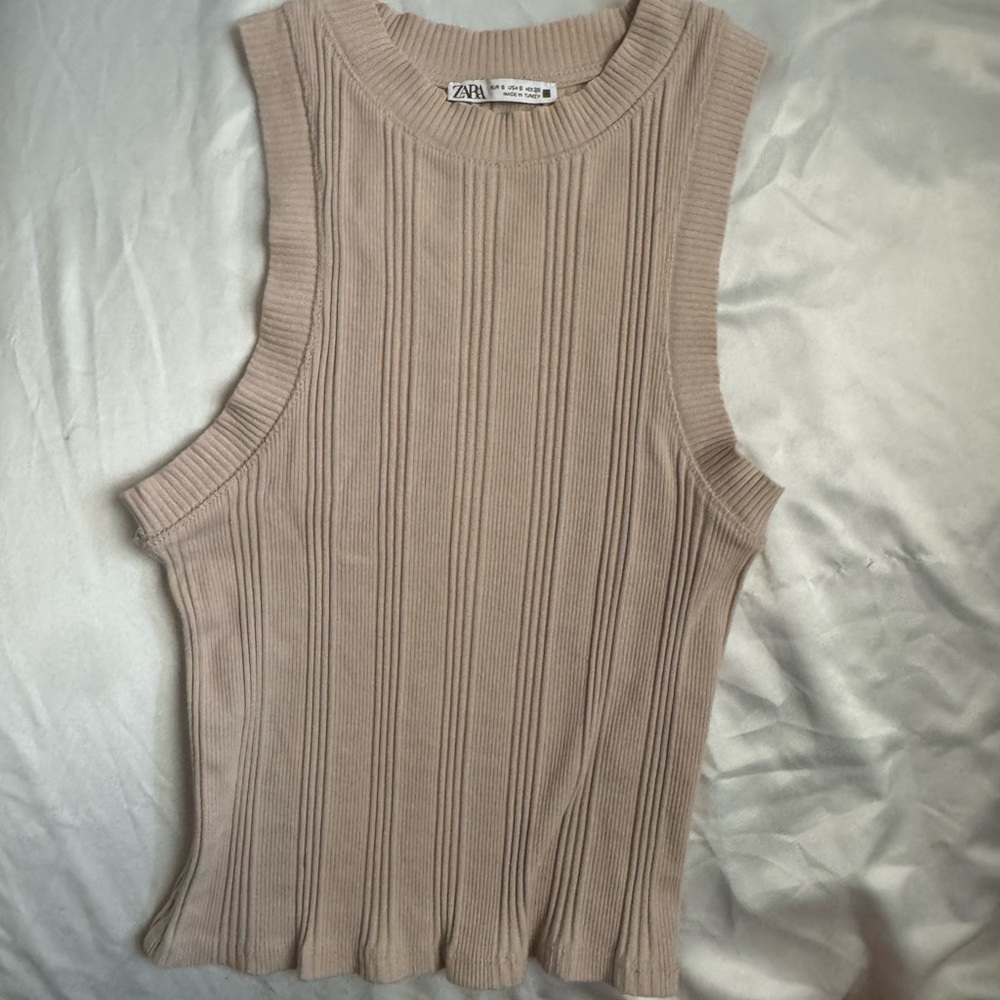 Zara Sleeveless Ribbed Tank Top - Beige